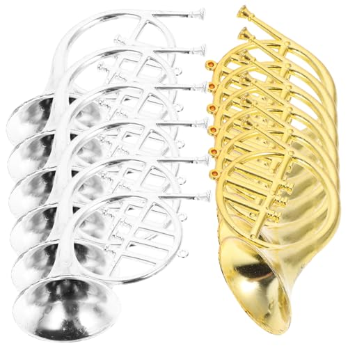 LRXIYODE 12 Stück Teiliges Mini Französisches Horn Leichte Kunststoff Dekoanhänger in Gold und Silber Realistische Miniatur Musikinstrumente als Weihnachts und Raumdekoration von LRXIYODE
