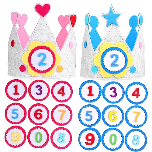 LRXIYODE 2 Sätze Geburtstagskrone Set Teiliges Set aus Filz mit Wechselzahlen Blau mit Sternen Herzen für Jungen und Mädchen Partyhüte für Kindergeburtstage von LRXIYODE