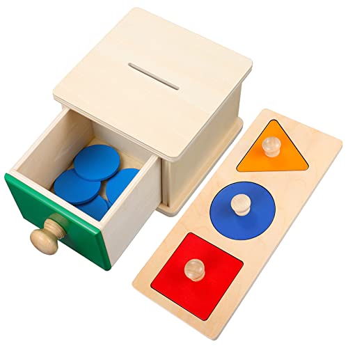 LRXIYODE 2Satz Montessori Spielzeugset für Kleinkinder Holz Münzbox mit Geometrischen Puzzles Pädagogisches Lernspielzeug Farberkennung und Hand Augen Koordination für Junge Mädchen von LRXIYODE