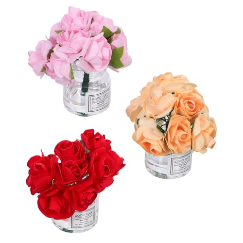 LRXIYODE 3 Stück Teiliges Miniatur Blumenvasen mit Glas Rosen Nordisches Design Kleine Puppenhaus Dekoration Detailreiche Miniatur Accessoires für Modellbau und DIY Micro Landschaften von LRXIYODE