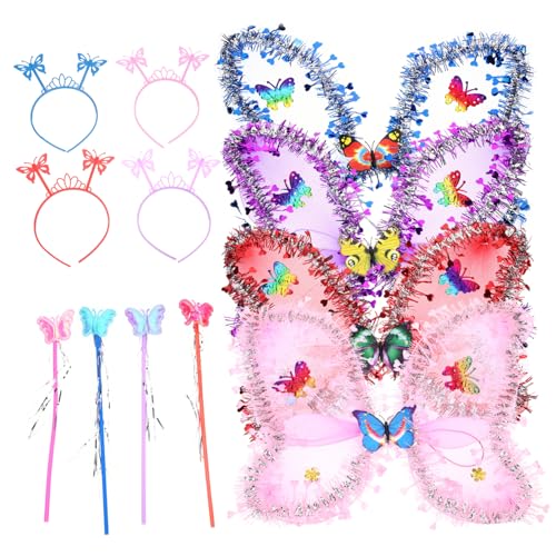 LRXIYODE 4 Sätze Schmetterlingsflügel Kostüm Teiliges für Mädchen Farbenfrohe Elfenflügel mit Zauberstab und Haarreif Leicht Strapazierfähig Wiederverwendbar für Karneval Bühnenauftritte von LRXIYODE