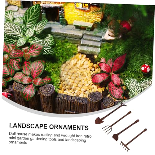 LRXIYODE 4 Stück Miniatur Gartenwerkzeug Set Teilig Rustikale Puppenhaus Gartenzubehör Langlebige Mini Garten Schaufel Rechen Besen für Puppenhaus und Fairy Garden Dekoration von LRXIYODE