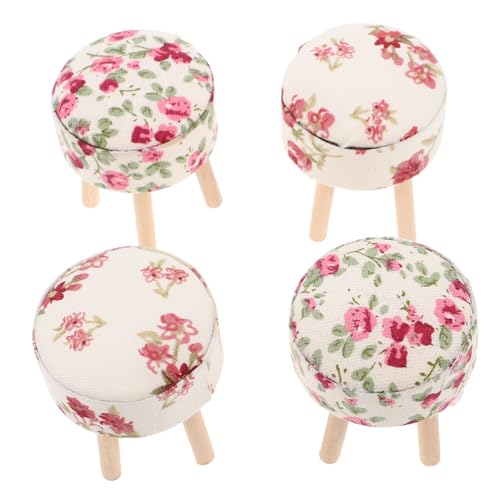 LRXIYODE 4 Stück Miniatur Holz Hocker mit Stoffbezug Runde Puppenhaus Möbel Realistisches Miniatur Sitzmöbel für Puppenstube Küche Wohnzimmer Dekoration von LRXIYODE