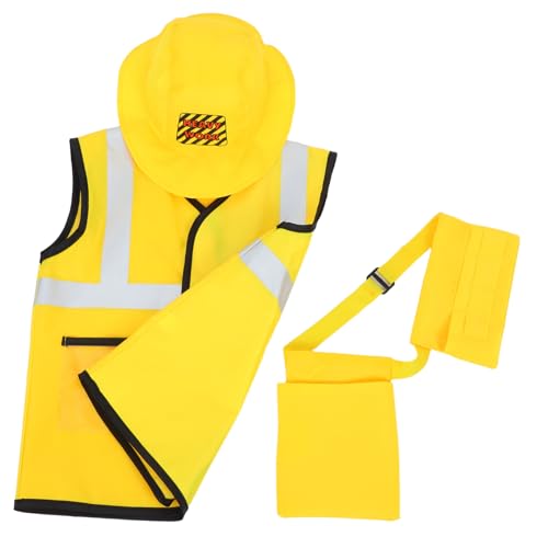 LRXIYODE 5 Stück Cosplay Bauarbeiterkostüm Teiliges mit Hut Weste Gürtel und Werkzeugtasche Atmungsaktives Material Rollenspiel Outfit für Halloween Geburtstags und Faschingsparty von LRXIYODE