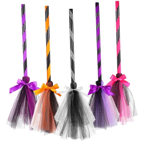 LRXIYODE 5 Stück Teiliges Hexenbesen Bunte Halloween Dekoration Leichtes Cosplay Zubehör für Vielseitig Verwendbar mit Schleifen für Kostüm und Partyspaß von LRXIYODE