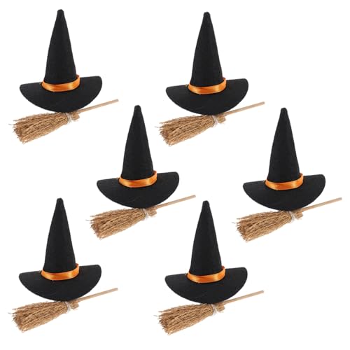 LRXIYODE 6 Satz Teiliges Mini Hexenhut und Hexenbesen Set aus Filz DIY Halloween Deko für Party Kreative Bastelprojekte Vielseitige Mini Hexenhüte mit Glatter Oberfläche für von LRXIYODE