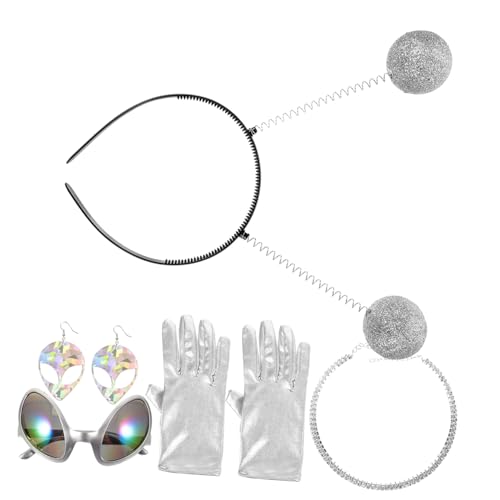 LRXIYODE Außerirdisches Kostüm Teiliges mit Glitzer Haarreif Lustiger Sonnenbrille Armband Handschuhen für Fasching Halloween Cosplay Party Festival und Fotorequisiten von LRXIYODE