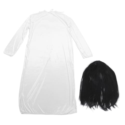 LRXIYODE Halloween Damen Kostüm Weißes Ghost Bride Kleid mit Schwarzer Perücke Gruseliges Halloween Horror Outfit für Party Karneval und Cosplay von LRXIYODE