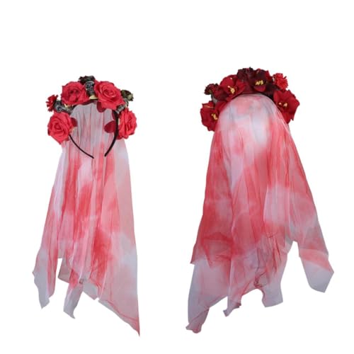LRXIYODE Halloween Haarschmuck Totenkopf Haarreif mit Roten Rosen für Damen und Einzigartiges Cosplay Stirnband Halloween Kostüm Zubehör für Party und Fasching von LRXIYODE
