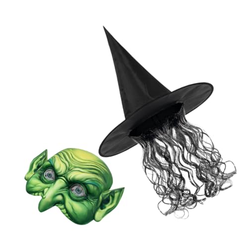 LRXIYODE Halloween Hexenhut mit Breiter Krempe und Perücke Teiliges Cosplay Set mit Maske Vielseitiges Hexenkostüm Zubehör für Damen Karneval und Party von LRXIYODE