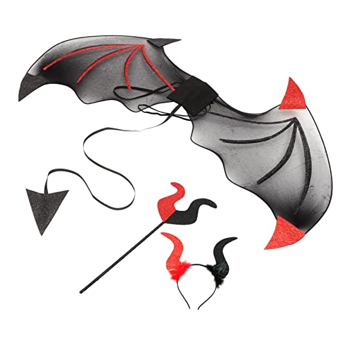 LRXIYODE Halloween Teufel Kostüm Set Teilig mit Teufelshörner Haarreif Rot Schwarze Flügel und Stab Leichtes Cosplay Zubehör für Damen Herren Teens für Party Karneval und Themenanlässe von LRXIYODE