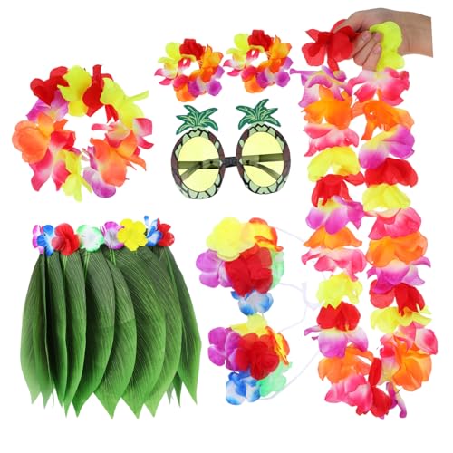 LRXIYODE Hawaiian Luau Kostüm mit Realistischer Grasrock Plastik Bunter Blumen Haarband Armbändern und Ananas Sonnenbrille Tropisches Zubehör für Party und Fotografie von LRXIYODE