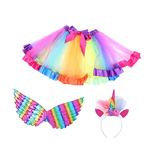 LRXIYODE Kinderkostüm Set Einhorn Haarreif Regenbogenflügel Mädchen Tüllrock Party Verkleidung Komfortabel Hautfreundlich Geburtstag von LRXIYODE