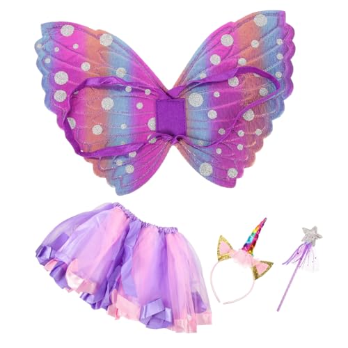 LRXIYODE Mädchen Feenkostüm Teilig mit Flügeln Einhorn Haarreif Tüllrock und Zauberstab Buntes Cosplay Party Zubehör für Kindergeburtstag Fasching Verkleidung und Fotoshooting von LRXIYODE