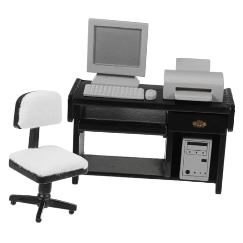 LRXIYODE Maßstab Holz Modell Bürodekoration mit Computer Tastatur Drucker Langlebiges Puppenhaus Zubehör für Mikro Szenen von LRXIYODE
