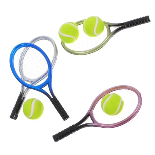 LRXIYODE Mini Tennisracket Schlüsselanhänger Teilig Realistische Mini Tennisbälle und Schläger Dekoratives Puppenhaus Ornament Leichtes Fotorequisit für Tischdekoration von LRXIYODE