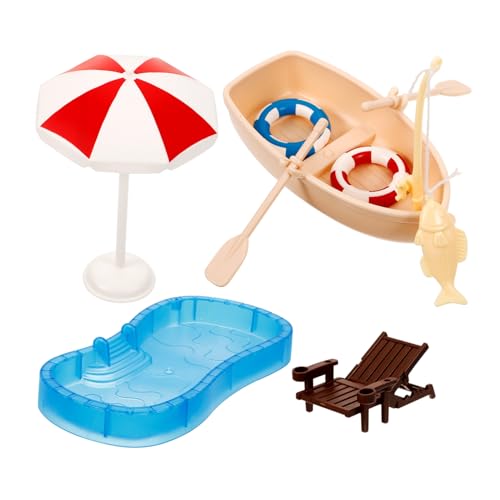 LRXIYODE Miniatur Puppenhaus Stranddeko mit Mini Liegestuhl Mini Schwimmbecken und Boot Detailgetreues Miniatur Loungemöbel Zubehör für Puppenhaus und Miniaturgarten von LRXIYODE