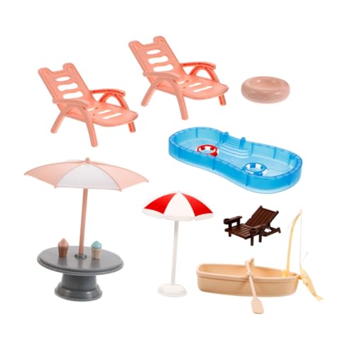 LRXIYODE Miniatur Strandspielzeug mit Miniatur Schwimmbad Sonnenschirm Strandstuhl Schwimmring und Boot für Puppenhaus DIY Feengarten Dekoration Kunststoff Strandzubehör von LRXIYODE