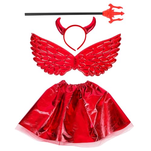 LRXIYODE Teufel Kostüm Set für Teiliges Cosplay Zubehör mit Hörnern Roten Tüllrock und Flügeln für Halloween Karneval und Festlichkeiten von LRXIYODE