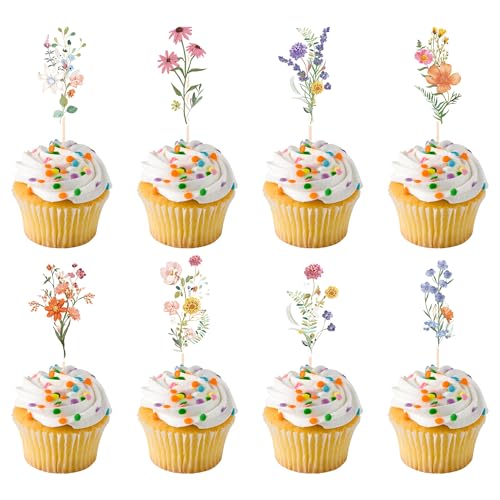 Tortendeko Blumen Geburtsta Cupcake Deko - 40 StüCk Blumen Cupcake Topper Babyparty MäDchen Junge Wildblumen Cake Topper FüR Geburtstag Party Hochzeit Taufe Babyshower Kuchen Dekoration von LSISIIUYSL