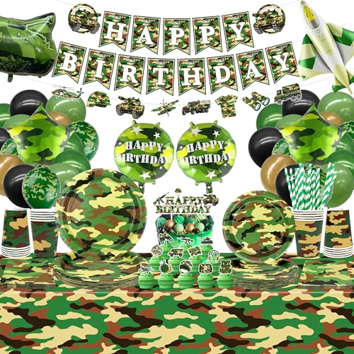 Camo Geburtstag Dekoration - Armee Supplies, Teller, Tassen, Servietten, Tischdecke, Banner, Luftballons, Kuchen Topper für Junge Tarnungen Jagd Militär Party (Banner) von LSJDEER