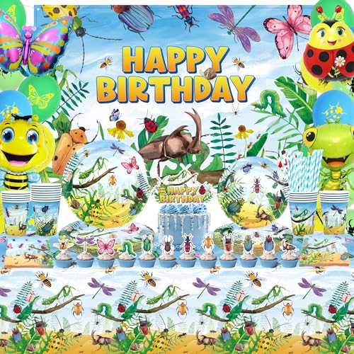 Insekt Geburtstag Party Dekorationen - Bugs Party Supplies, Teller Tassen Servietten Tischdecke Happy Birthday Backdrop Ballon Kuchen Toppers für Klasse Büro Garten Reptil Baby Shower von LSJDEER