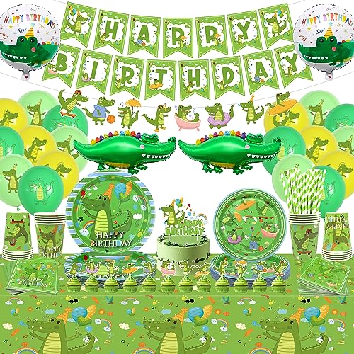 Krokodil Geburtstag Party Supplies - Krokodil Geburtstag Party Dekorationen einschließlich Banner, Tortenaufsatz, Teller, Tassen, Servietten, Tischdecke, Ballon für Reptilien Alligator Party Boy Kids von LSJDEER