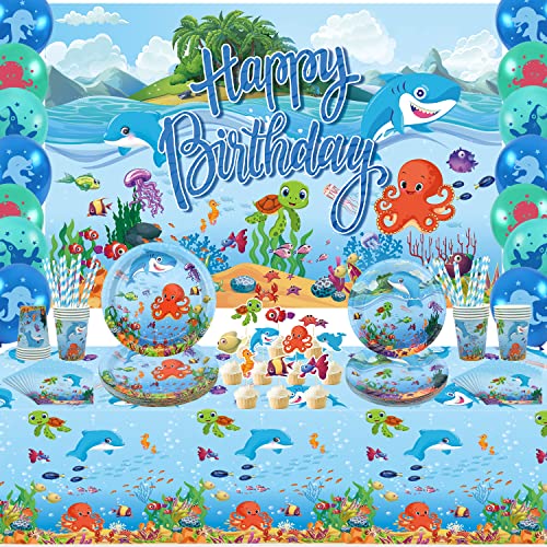 LSJDEER Under the Sea Partyzubehör – Teller, Tassen, Servietten, Tischdecke, Luftballons, Kuchendekoration für Unterwasserwelt-Geburtstagsparty-Dekorationen, für 20 Personen von LSJDEER