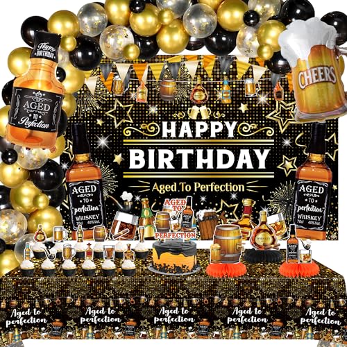 LSJDEER Whisky-Geburtstagsparty-Dekorationen – gealtert bis zur Perfektion, HAPPY BIRTHDAY-Hintergrund, schwarze Champagner-Gold-Luftballons, Girlande, Wein-Kuchenaufsatz, Tafelaufsatz, Tischdecke LSJDEER Whisky-Geburtstagsparty-Dekorationen – gealtert bis zur Perfektion, HAPPY BIRTHDAY-Hintergrund, schwarze Champagner-Gold-Luftballons, Girlande, Wein-Kuchenaufsatz, Tafelaufsatz, Tischdecke von LSJDEER