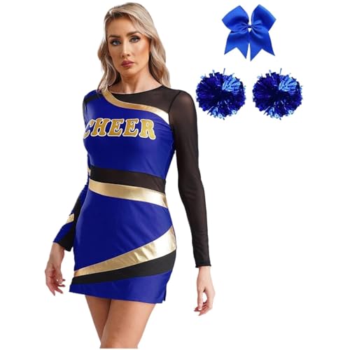 Damen Cheerleading-Outfit Langarm Metallic Patchwork Kleid Erwachsene Cheerleader Kostüm Tanzbekleidung for Tanz-Jubel-Requisiten(Blue,S) von LSNNMU