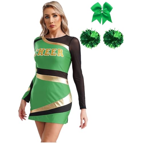 Damen Cheerleading-Outfit Langarm Metallic Patchwork Kleid Erwachsene Cheerleader Kostüm Tanzbekleidung for Tanz-Jubel-Requisiten(Green,M) von LSNNMU