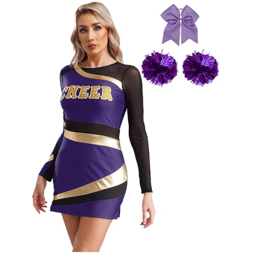Damen Cheerleading-Outfit Langarm Metallic Patchwork Kleid Erwachsene Cheerleader Kostüm Tanzbekleidung for Tanz-Jubel-Requisiten(Purple,L) von LSNNMU