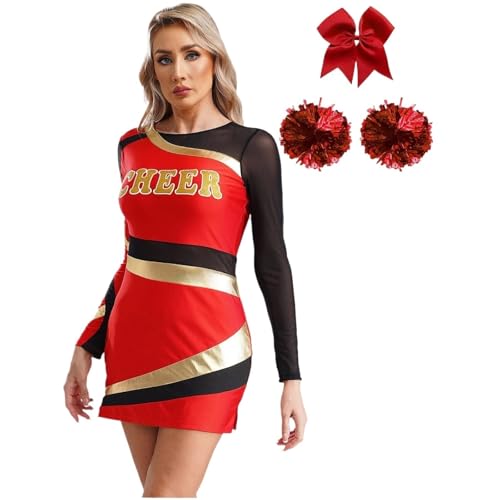 Damen Cheerleading-Outfit Langarm Metallic Patchwork Kleid Erwachsene Cheerleader Kostüm Tanzbekleidung for Tanz-Jubel-Requisiten(Red,L) von LSNNMU
