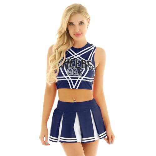 Frauen Cheerleader Kostüm Tennis Set Top mit Mini Faltenrock Charmante Uniform(Deep Blue,M) von LSNNMU