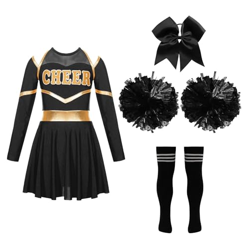 Kinder Mädchen Cheerleading Kostüme Uniform Langarm Tanzkleid mit Handblumen Kopfbedeckung Gestreifte Socken for Bühnenauftritte(A Black White,10) von LSNNMU