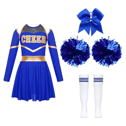 Kinder Mädchen Cheerleading Kostüme Uniform Langarm Tanzkleid mit Handblumen Kopfbedeckung Gestreifte Socken for Bühnenauftritte(A Blue,12) von LSNNMU