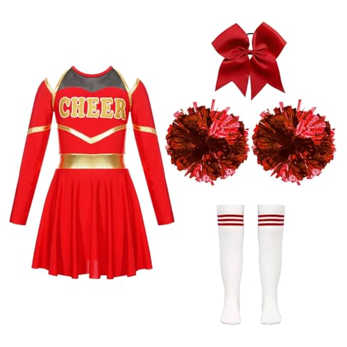 Kinder Mädchen Cheerleading Kostüme Uniform Langarm Tanzkleid mit Handblumen Kopfbedeckung Gestreifte Socken for Bühnenauftritte(A Red,12) von LSNNMU