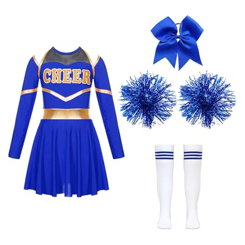 Kinder Mädchen Cheerleading Kostüme Uniform Langarm Tanzkleid mit Handblumen Kopfbedeckung Gestreifte Socken for Bühnenauftritte(B Blue,16) von LSNNMU