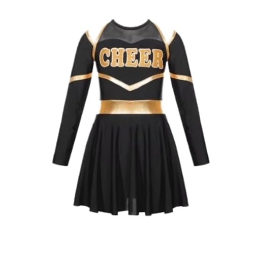 Kinder Mädchen Cheerleading Kostüme Uniform Langarm Tanzkleid mit Handblumen Kopfbedeckung Gestreifte Socken for Bühnenauftritte(Black,14) von LSNNMU