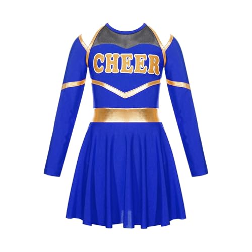 Kinder Mädchen Cheerleading Kostüme Uniform Langarm Tanzkleid mit Handblumen Kopfbedeckung Gestreifte Socken for Bühnenauftritte(Blue,8) von LSNNMU