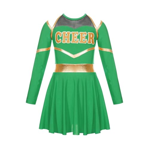 Kinder Mädchen Cheerleading Kostüme Uniform Langarm Tanzkleid mit Handblumen Kopfbedeckung Gestreifte Socken for Bühnenauftritte(Green,16) von LSNNMU