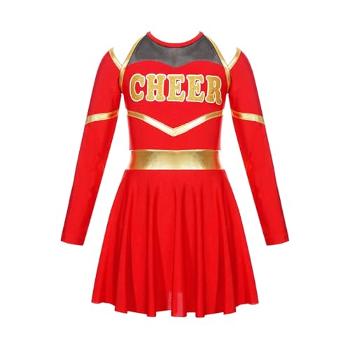 Kinder Mädchen Cheerleading Kostüme Uniform Langarm Tanzkleid mit Handblumen Kopfbedeckung Gestreifte Socken for Bühnenauftritte(Red,6) von LSNNMU