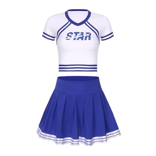 LSNNMU 2 Sets Damen Cheerleader-Uniform Halloween-Kostüm for Erwachsene mit Buchstaben-Print, bauchfreies Top und integrierte Shorts hoher Taille, Faltenrock, Cheer-Outfit(Blue A,XXL) von LSNNMU