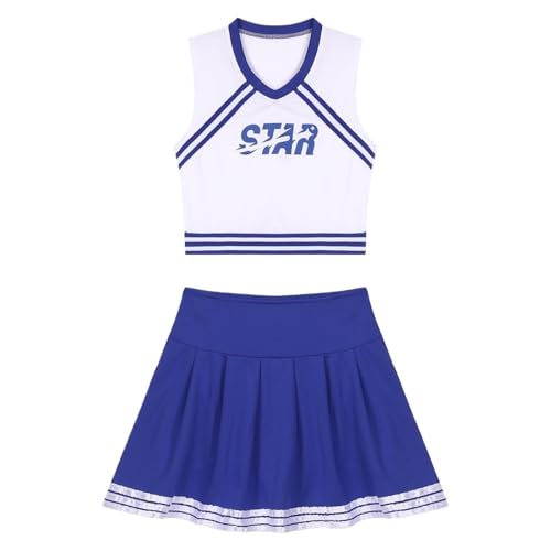 LSNNMU 2 Sets Damen Cheerleader-Uniform Halloween-Kostüm for Erwachsene mit Buchstaben-Print, bauchfreies Top und integrierte Shorts hoher Taille, Faltenrock, Cheer-Outfit(Blue B,M) von LSNNMU