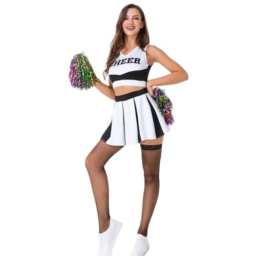 LSNNMU 2 Sets Damen Erwachsene Schulmädchen Rollenspiel Uniform Cheerleader for Halloween Kostüm Crop Top mit Mini Faltenrock(M) von LSNNMU