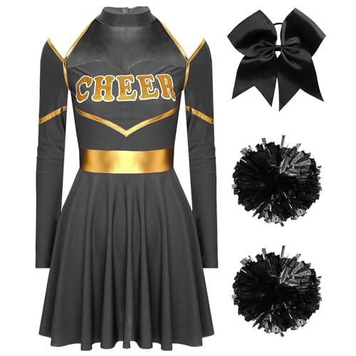 LSNNMU Cheerleader-Kostüm for Damen und Erwachsene, Halloween-Cheerleading-Uniform, langärmliges Cheer-Up-Tanzkleid mit Haargummi Pom-Poms(Black A,L) von LSNNMU