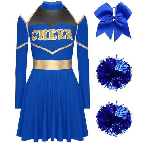 LSNNMU Cheerleader-Kostüm for Damen und Erwachsene, Halloween-Cheerleading-Uniform, langärmliges Cheer-Up-Tanzkleid mit Haargummi Pom-Poms(Blue A,L) von LSNNMU