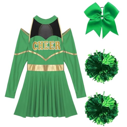 LSNNMU Cheerleader-Kostüm for Damen und Erwachsene, Halloween-Cheerleading-Uniform, langärmliges Cheer-Up-Tanzkleid mit Haargummi Pom-Poms(Green,XL) von LSNNMU