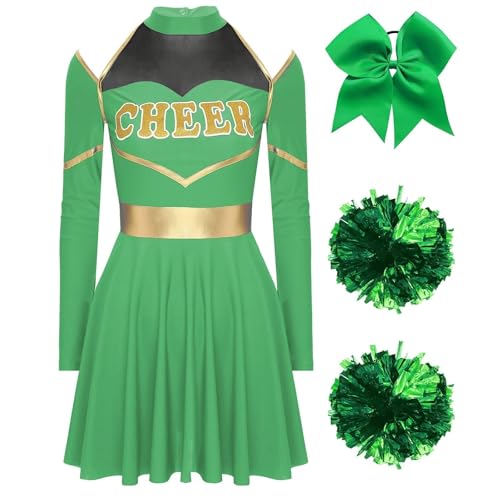 LSNNMU Cheerleader-Kostüm for Damen und Erwachsene, Halloween-Cheerleading-Uniform, langärmliges Cheer-Up-Tanzkleid mit Haargummi Pom-Poms(Green A,XL) von LSNNMU