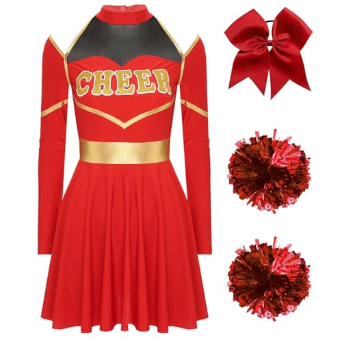 LSNNMU Cheerleader-Kostüm for Damen und Erwachsene, Halloween-Cheerleading-Uniform, langärmliges Cheer-Up-Tanzkleid mit Haargummi Pom-Poms(Red A,M) von LSNNMU